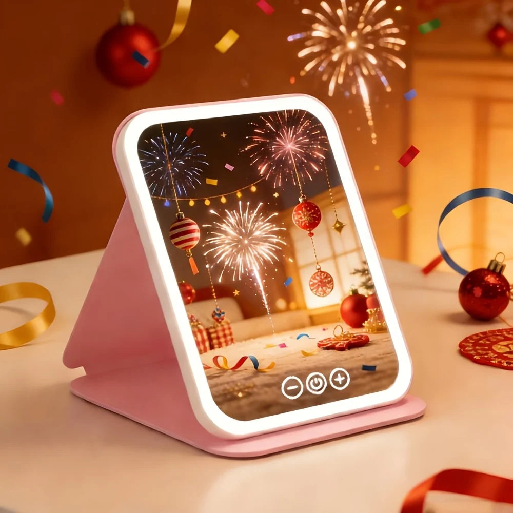 Espejo tocador con luz táctil, plegable y portátil, de diseño moderno en plástico rosa, ideal para maquillaje y cuidado personal. 0