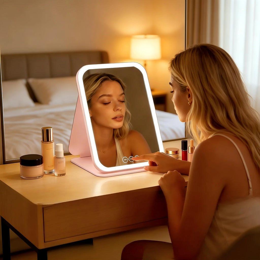Espejo tocador con luz táctil, plegable y portátil, de diseño moderno en plástico rosa, ideal para maquillaje y cuidado personal. 2