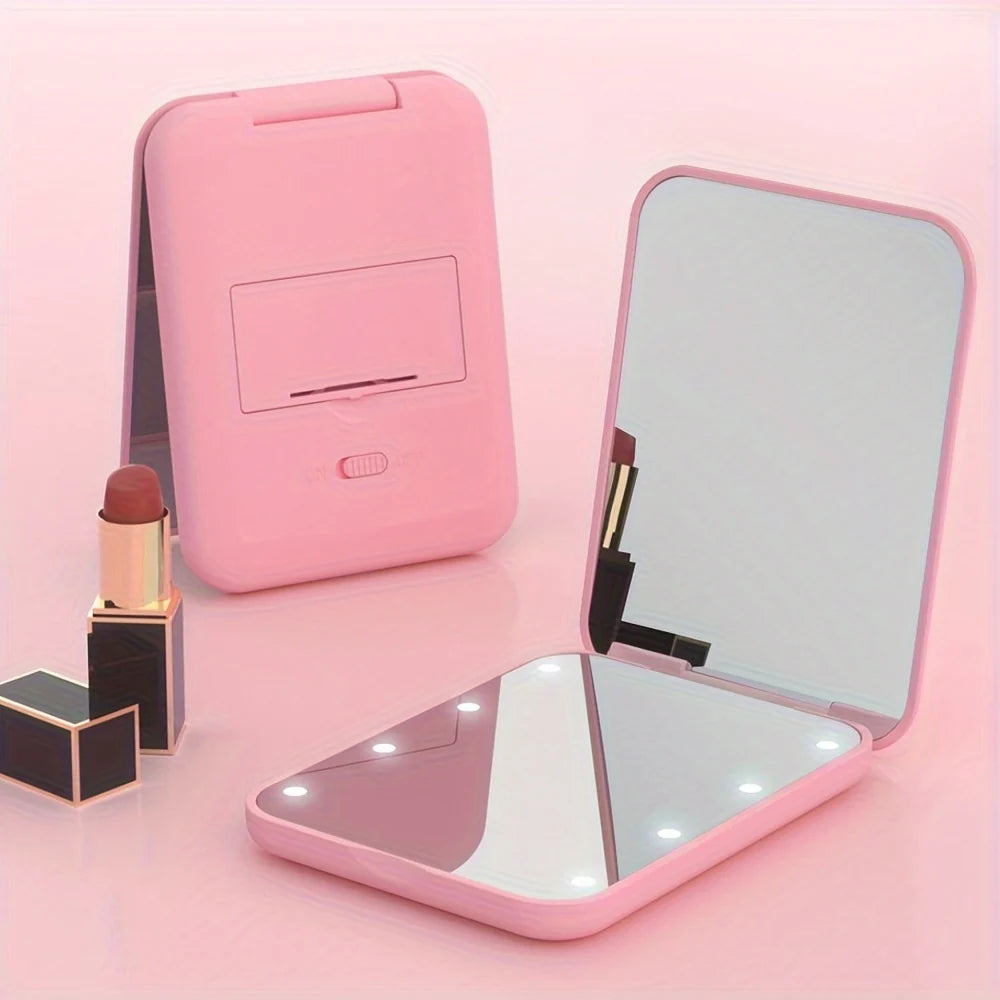 Espejo de Maquillaje Compacto con Luz LED y Aumento Doble – Diseño Plegable y Portátil en Rosa y Verde 0