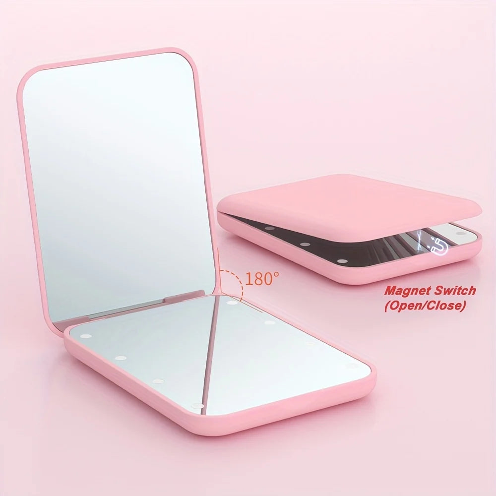 Espejo de Maquillaje Compacto con Luz LED y Aumento Doble – Diseño Plegable y Portátil en Rosa y Verde 2