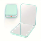 Espejo de Maquillaje Compacto con Luz LED y Aumento Doble – Diseño Plegable y Portátil en Rosa y Verde 4