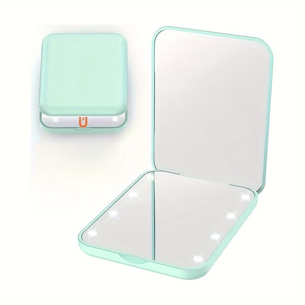 Espejo de Maquillaje Compacto con Luz LED y Aumento Doble – Diseño Plegable y Portátil en Rosa y Verde 4