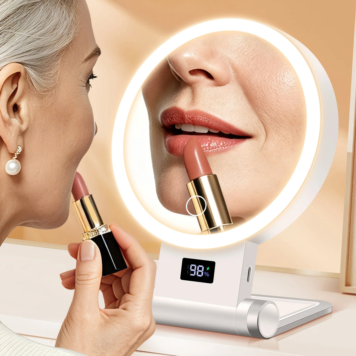Espejo de maquillaje con luz LED ajustable y aumento 1X/30X en color blanco, con diseño plegable y vertical, ideal 0