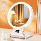 Espejo de maquillaje con luz LED ajustable y aumento 1X/30X en color blanco, con diseño plegable y vertical, ideal 1