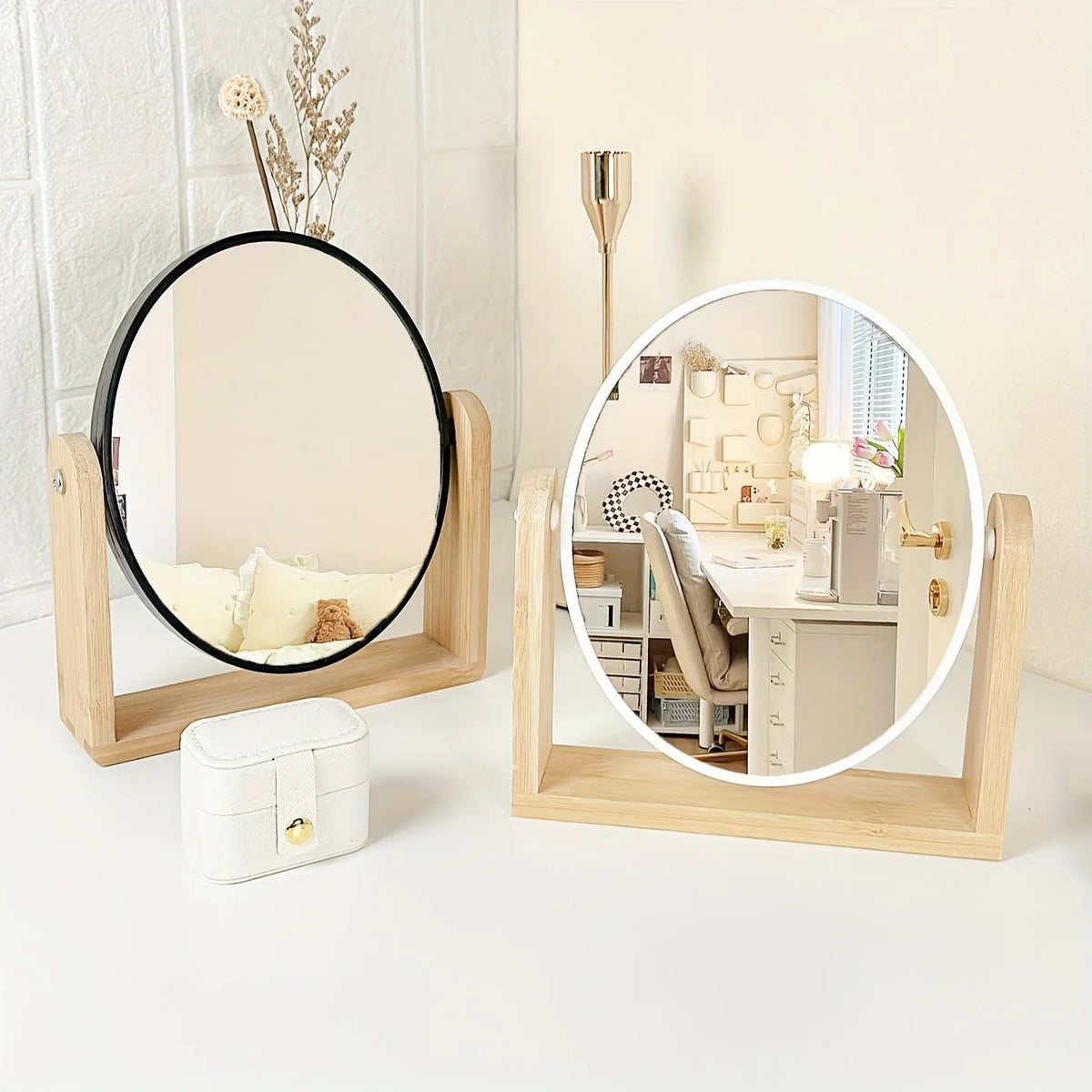 Espejo de Maquillaje de Mesa Doble Cara con Diseño Giratorio y Marco de Bambú – Blanco y Negro 0