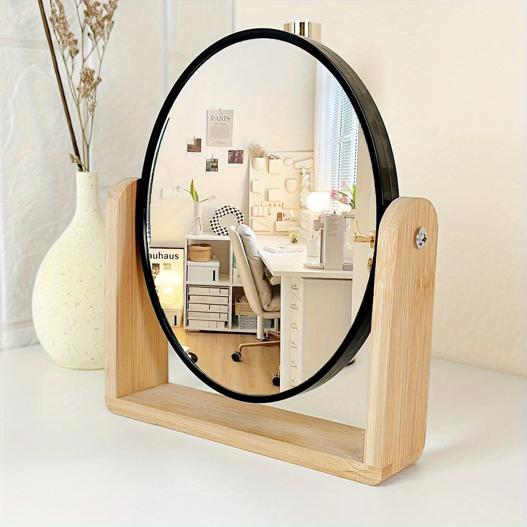Espejo de Maquillaje de Mesa Doble Cara con Diseño Giratorio y Marco de Bambú – Blanco y Negro 1