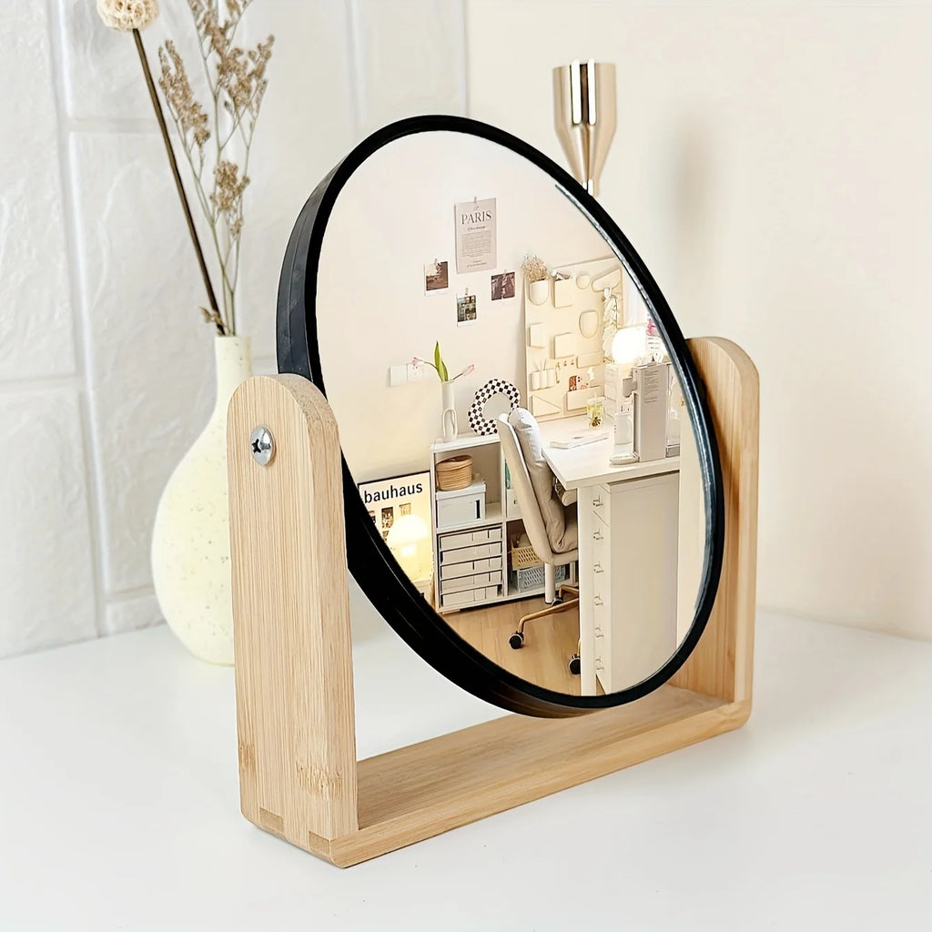 Espejo de Maquillaje de Mesa Doble Cara con Diseño Giratorio y Marco de Bambú – Blanco y Negro 2