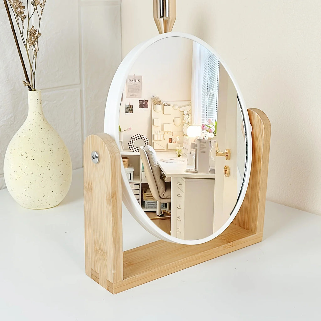 Espejo de Maquillaje de Mesa Doble Cara con Diseño Giratorio y Marco de Bambú – Blanco y Negro 3