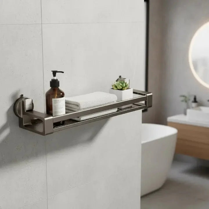 Estantería de baño con ventosas de ABS, sin taladro, fabricada en acero al carbono, con drenaje eficiente y dimensiones de  0