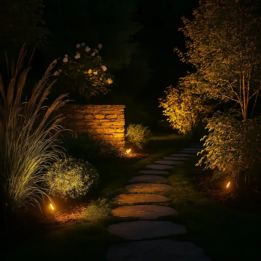 Foco solar exterior ajustable con luz natural cálida y multicolor, ideal para decoración de jardín y iluminación sostenible. 1