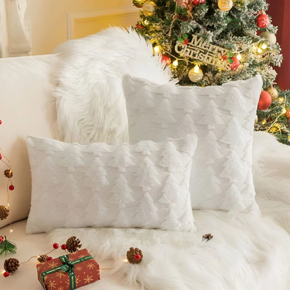 Funda de cojín de 45x45 cm con diseño texturizado de árbol de Navidad en felpa, ideal para decorar sofás y 1