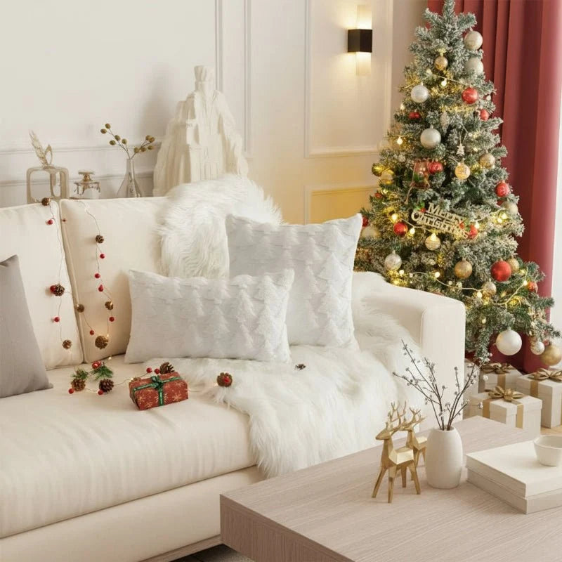 Funda de cojín de 45x45 cm con diseño texturizado de árbol de Navidad en felpa, ideal para decorar sofás y 2
