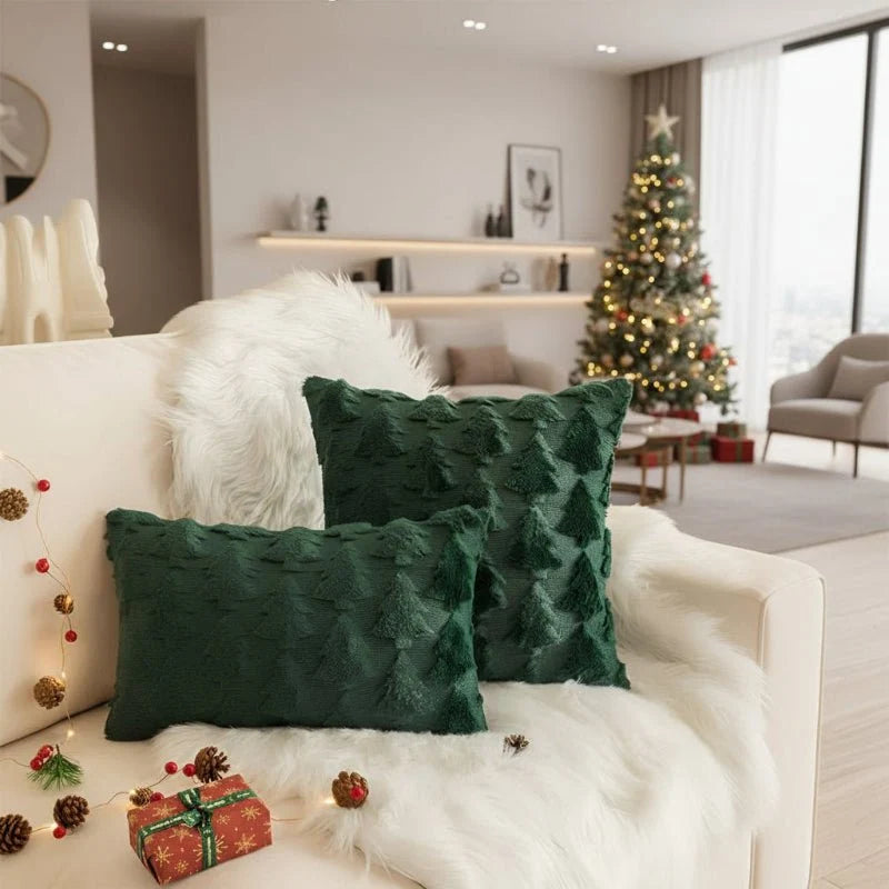 Funda de cojín de 45x45 cm con diseño texturizado de árbol de Navidad en felpa, ideal para decorar sofás y 3