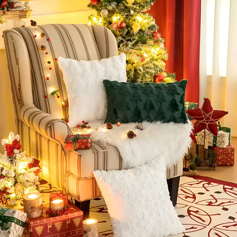 Funda de cojín de 45x45 cm con diseño texturizado de árbol de Navidad en felpa, ideal para decorar sofás y 4