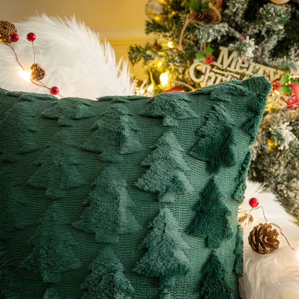 Funda de cojín de 45x45 cm con diseño texturizado de árbol de Navidad en felpa, ideal para decorar sofás y 5
