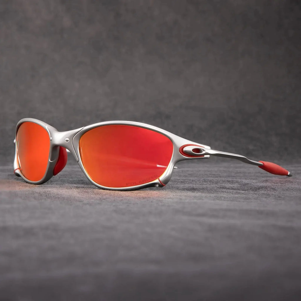 Gafas de sol deportivas polarizadas con lentes rojas espejadas y marco metálico ligero, ideales para hombres y mujeres activos. 1