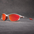 Gafas de sol deportivas polarizadas con lentes rojas espejadas y marco metálico ligero, ideales para hombres y mujeres activos. 1