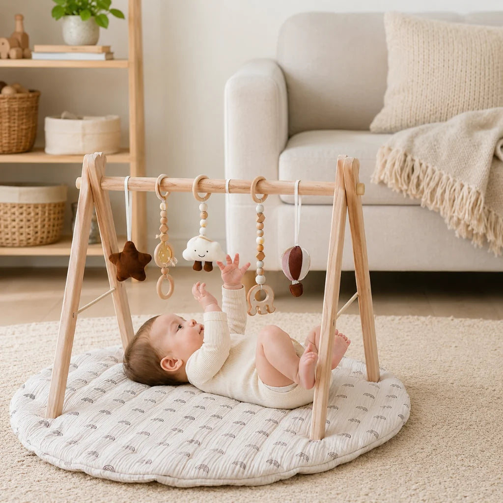 Gimnasio para bebé de madera plegable con alfombra de juegos suave y juguetes colgantes, diseño escandinavo en temática arcoí 0