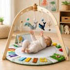 Gimnasio de Juegos para Bebés con Alfombra Sensorial y Arcos de Madera en diseño multicolor, ideal para estimular el desarrollo 0