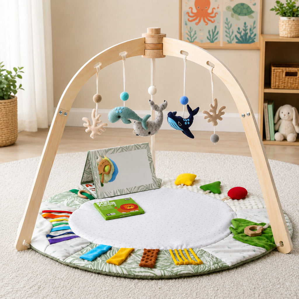 Gimnasio de Juegos para Bebés con Alfombra Sensorial y Arcos de Madera en diseño multicolor, ideal para estimular el desarrollo 1
