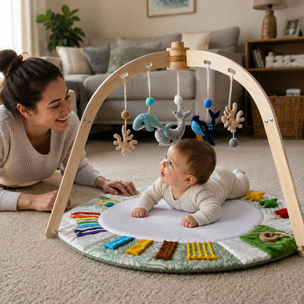 Gimnasio de Juegos para Bebés con Alfombra Sensorial y Arcos de Madera en diseño multicolor, ideal para estimular el desarrollo 2