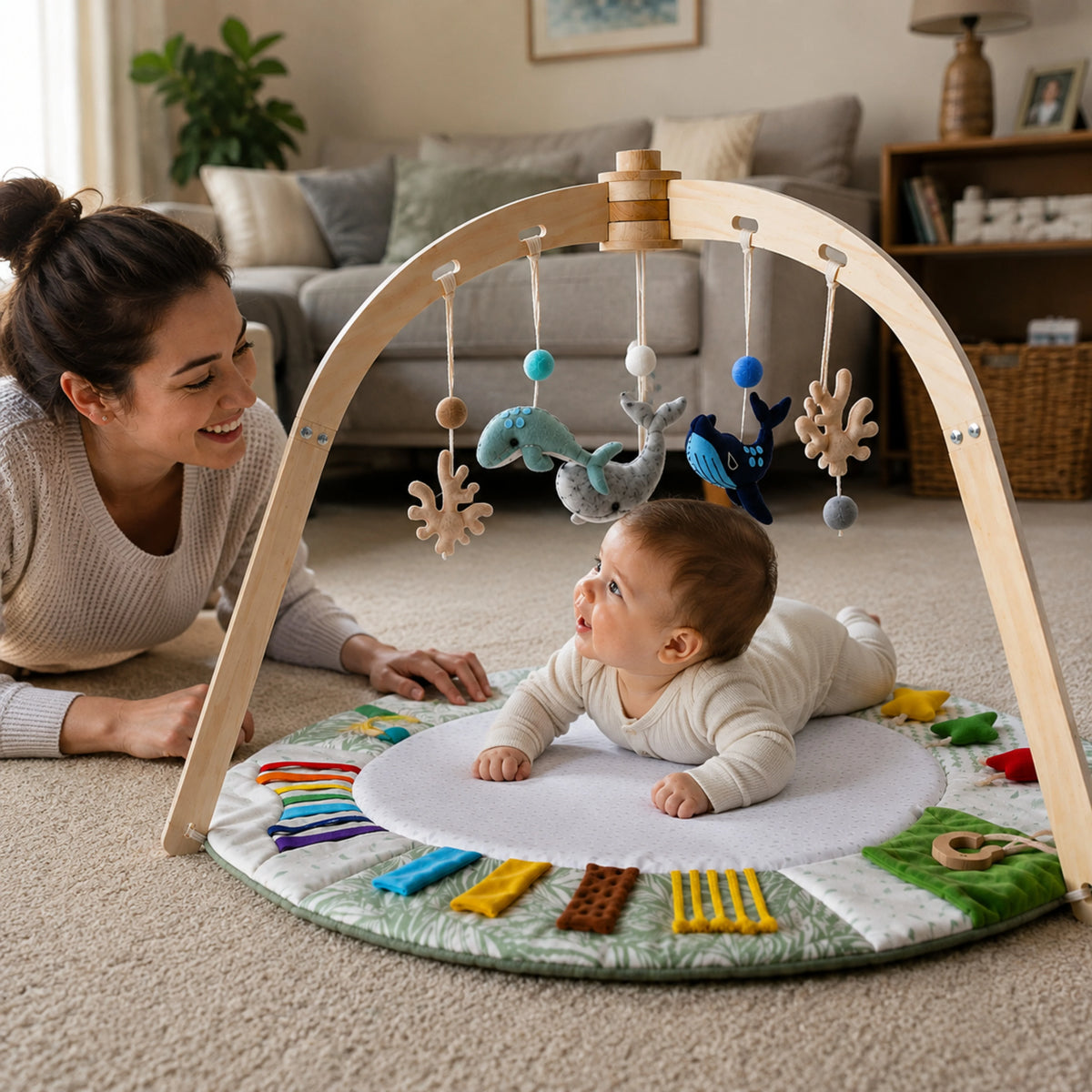 Gimnasio de Juegos para Bebés con Alfombra Sensorial y Arcos de Madera en diseño multicolor, ideal para estimular el desarrollo 2
