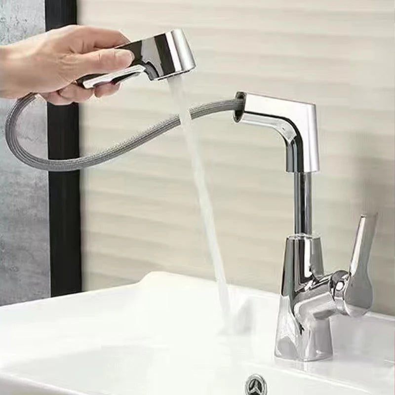 Grifo de baño con rociador extraíble y caño giratorio 360°, diseñado para espacios reducidos, con válvula cerámica antig 1