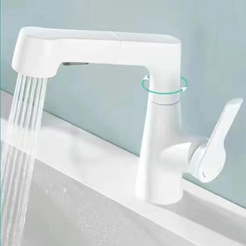 Grifo de baño con rociador extraíble y caño giratorio 360°, diseñado para espacios reducidos, con válvula cerámica antig 3
