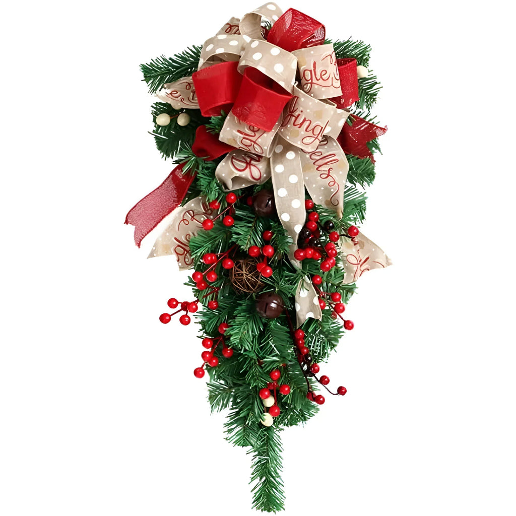 Guirnalda Navideña Invertida de 60 cm adornada con lazos y bayas, ideal para decoración colgante en 3