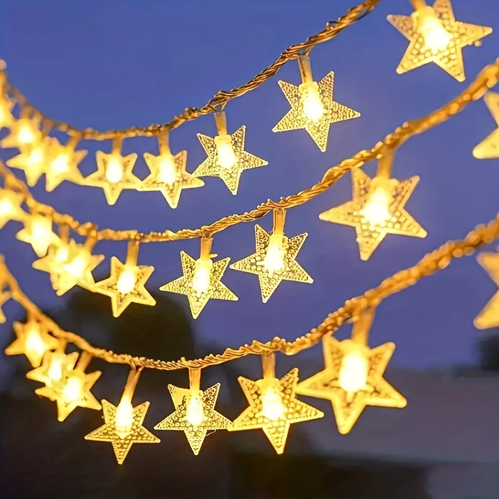 Guirnalda de luces LED con forma de estrella a pilas, ideal para decoración, disponible en varias longitudes y emitiendo luz blanca 2
