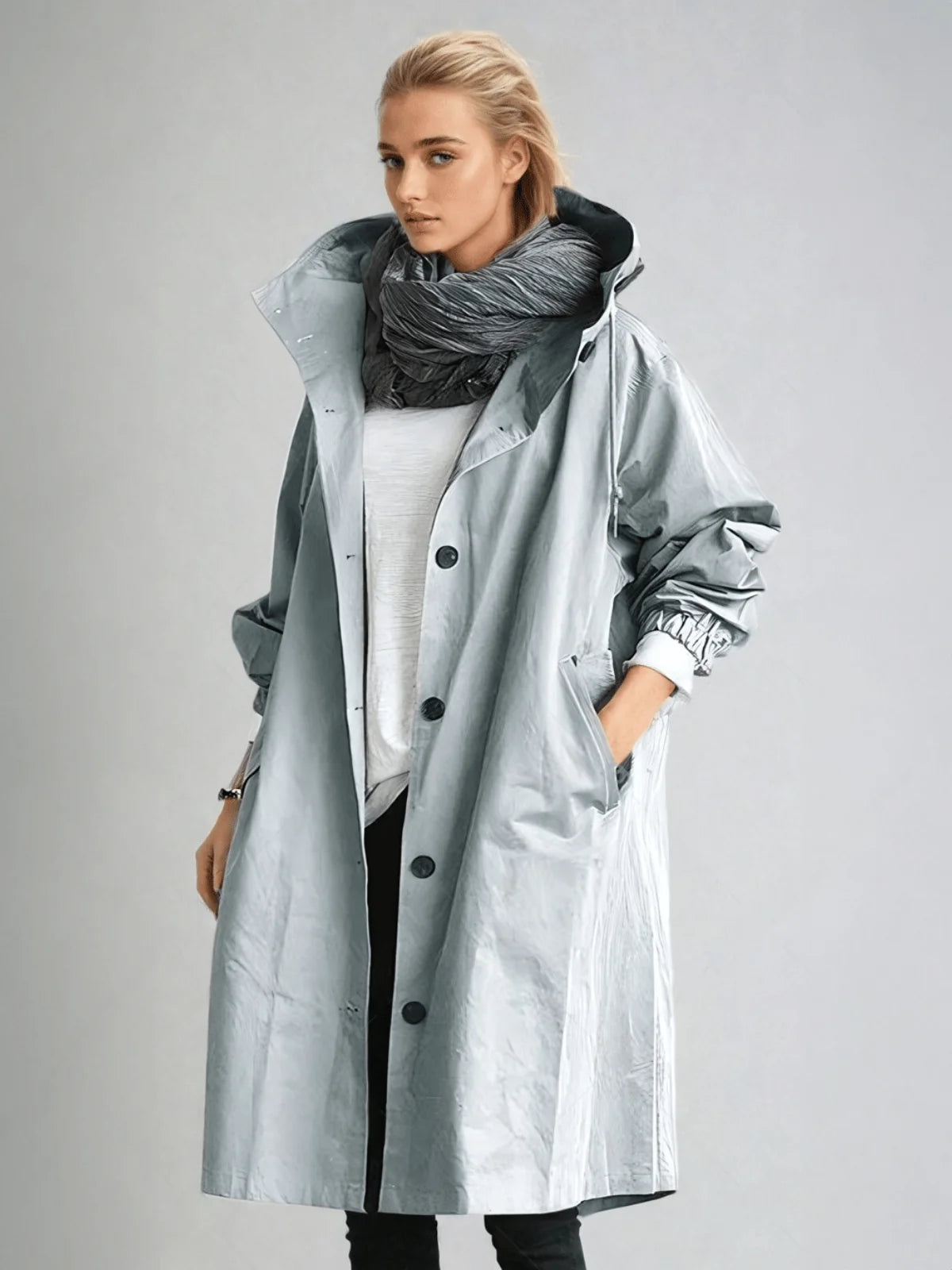 Impermeable mujer repelente al agua con diseño clásico de gabardina, fabricado en tela ligera y duradera, ideal para protección contra la 4