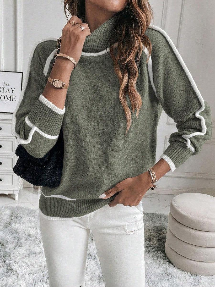 Jersey de mujer de punto acanalado con cuello alto y rayas en las mangas, estilo deportivo corto y relajado, ideal para un look 1