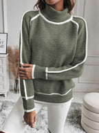 Jersey de mujer de punto acanalado con cuello alto y rayas en las mangas, estilo deportivo corto y relajado, ideal para un look 2