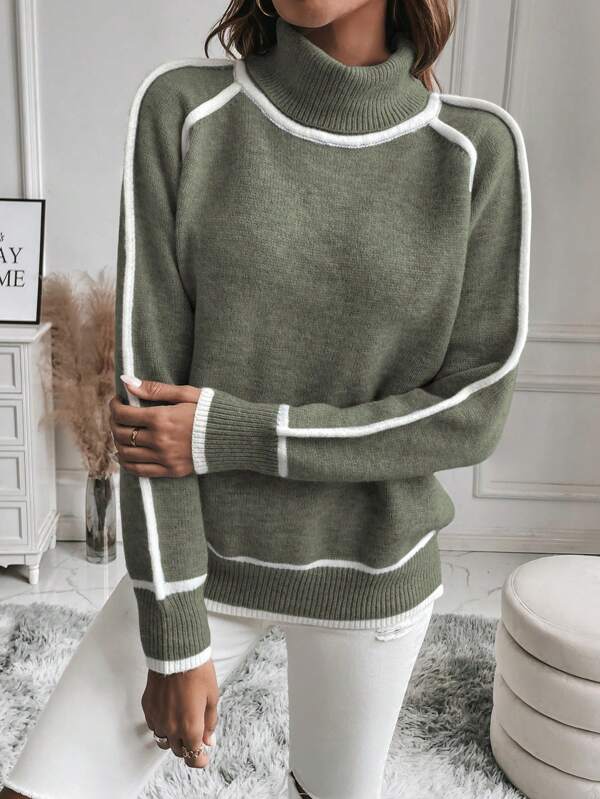 Jersey de mujer de punto acanalado con cuello alto y rayas en las mangas, estilo deportivo corto y relajado, ideal para un look 2