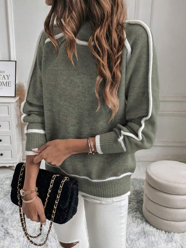 Jersey de mujer de punto acanalado con cuello alto y rayas en las mangas, estilo deportivo corto y relajado, ideal para un look 3