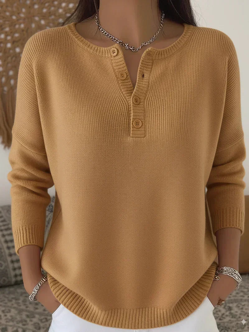 Jersey de mujer acanalado en color neutro, con escote Henley y hombros caídos, ideal para mantener la comodidad en otoño 6