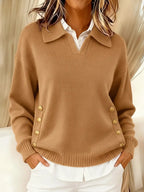 Jersey de mujer extragrande con cuello en V y botones dorados, ideal para un estilo elegante en otoño e invierno. 0