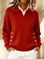 Jersey de mujer extragrande con cuello en V y botones dorados, ideal para un estilo elegante en otoño e invierno. 2