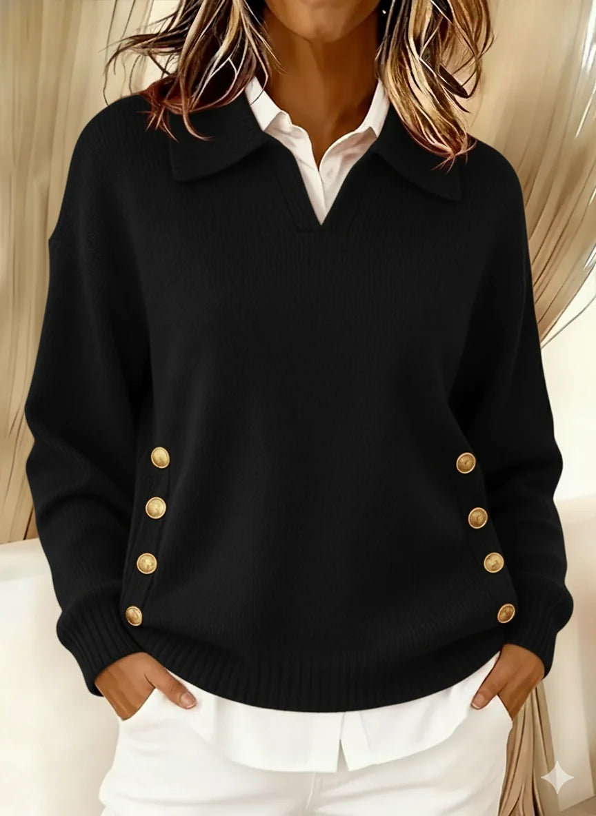 Jersey de mujer extragrande con cuello en V y botones dorados, ideal para un estilo elegante en otoño e invierno. 5