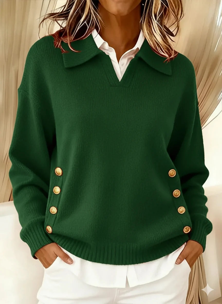 Jersey de mujer extragrande con cuello en V y botones dorados, ideal para un estilo elegante en otoño e invierno. 6