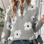 Jersey de mujer con estampado floral y cuello con media cremallera, diseño de corte relajado ideal para otoño e invierno. 0