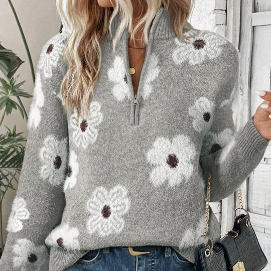Jersey de mujer con estampado floral y cuello con media cremallera, diseño de corte relajado ideal para otoño e invierno. 0