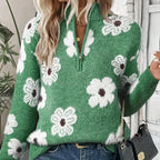 Jersey de mujer con estampado floral y cuello con media cremallera, diseño de corte relajado ideal para otoño e invierno. 2