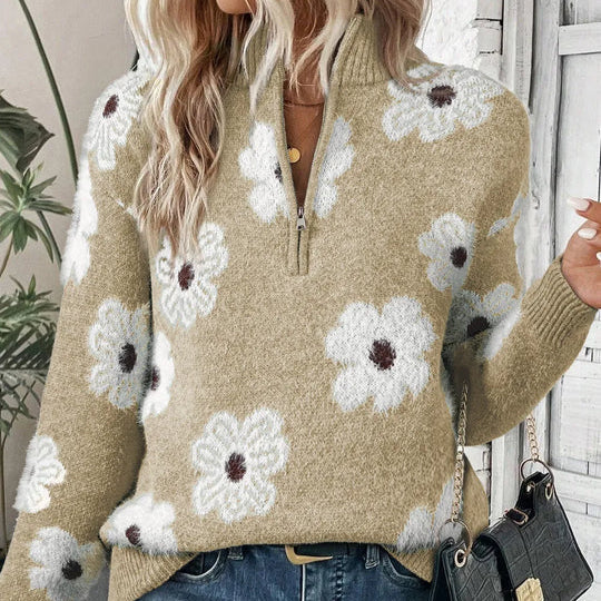 Jersey de mujer con estampado floral y cuello con media cremallera, diseño de corte relajado ideal para otoño e invierno. 5
