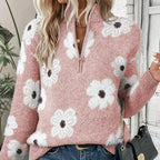 Jersey de mujer con estampado floral y cuello con media cremallera, diseño de corte relajado ideal para otoño e invierno. 6