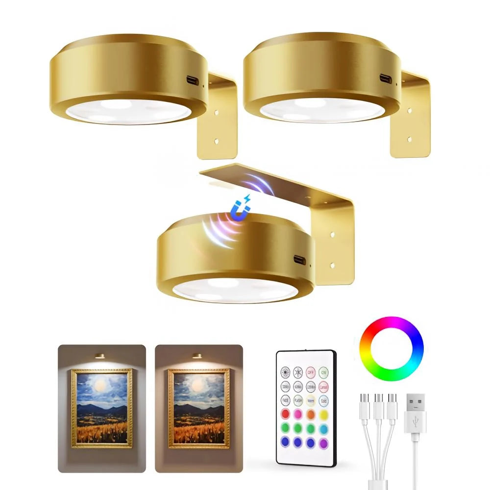 Juego de focos LED recargables con control remoto, ideal para iluminación inalámbrica ajustable de obras de arte, mostrando su versatilidad y 0