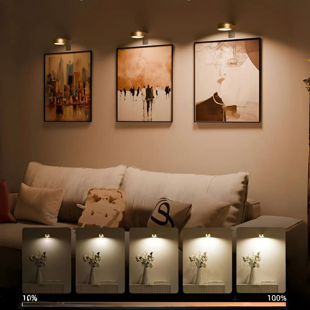 Juego de focos LED recargables con control remoto, ideal para iluminación inalámbrica ajustable de obras de arte, mostrando su versatilidad y 4