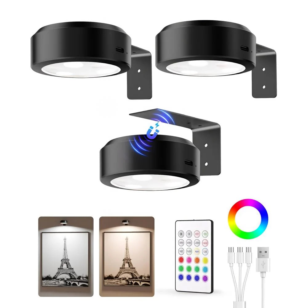 Juego de focos LED recargables con control remoto, ideal para iluminación inalámbrica ajustable de obras de arte, mostrando su versatilidad y 6