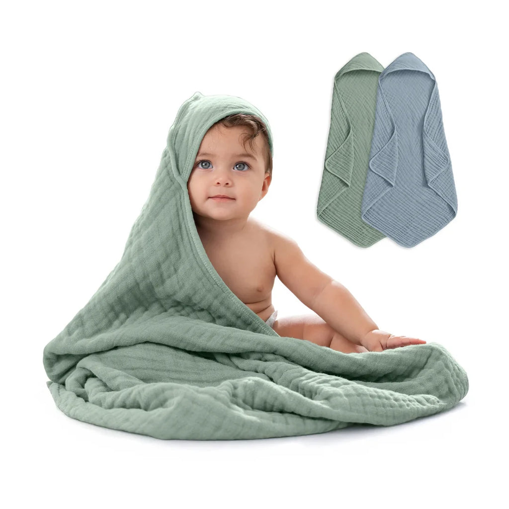 Juego de toallas con capucha de algodón muselina suave y absorbente para bebé, diseño azul pacífico con estampado de helechos. 20