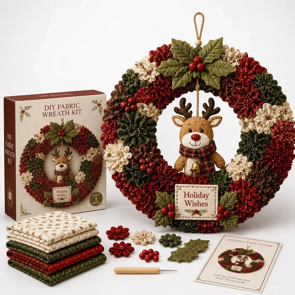 Kit de manualidades para crear una hermosa corona navideña con flores de tela 3D y herramienta de prensado de madera, ideal para una 3